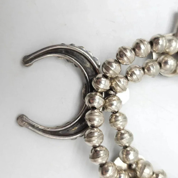 Vintage Navajo Sterling Silver Sleeping Beauty Turquoise Squash Blossom Necklace - Picture 4 of 8